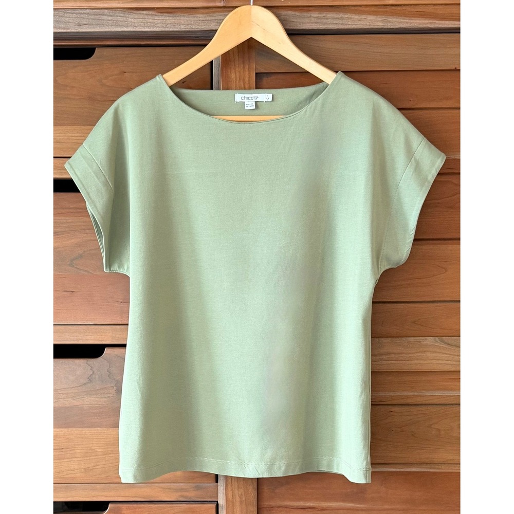 Chico's Size 1 (M) Dolman Short Sleeve Top Sage Green Boatneck Chic Structured